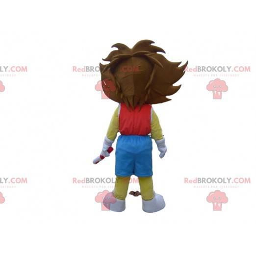 Mascota del león amarillo en ropa deportiva roja y azul -