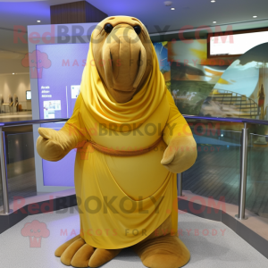 Gold Walrus mascot costume character dressed with a Dress and Scarf clips