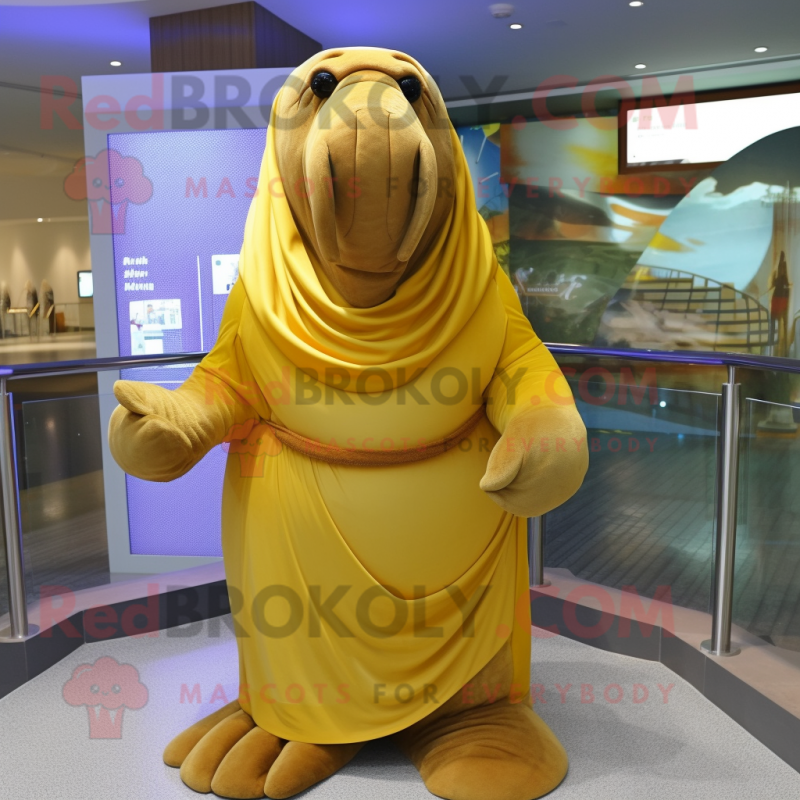 Gold Walrus mascot costume character dressed with a Dress and Scarf clips Gold Walrus mascot costume character dressed with a Dress and Scarf clips