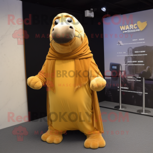 Gold Walrus mascot costume character dressed with a Dress and Scarf clips