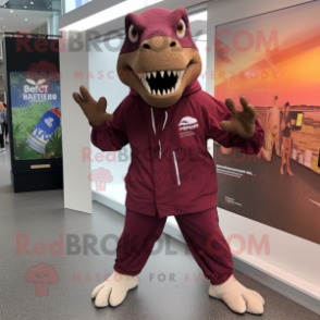 Maroon T Rex mascot costume character dressed with a Windbreaker and Foot pads