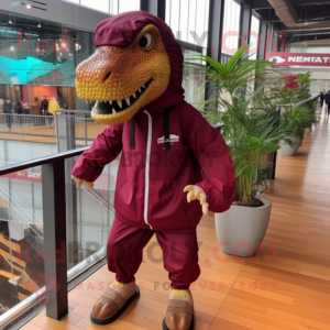 Maroon T Rex mascot costume character dressed with a Windbreaker and Foot pads