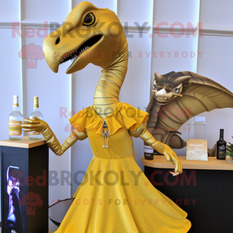 Gold Utahraptor mascot costume character dressed with a Cocktail Dress and Keychains