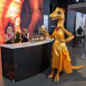 Gold Utahraptor mascot costume character dressed with a Cocktail Dress and Keychains
