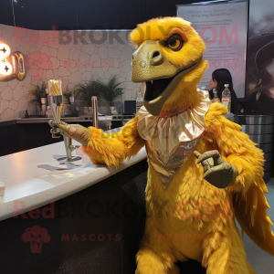 Gold Utahraptor mascot costume character dressed with a Cocktail Dress and Keychains