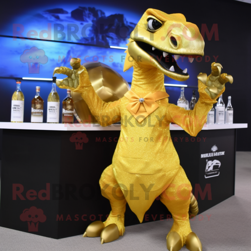 Gold Utahraptor mascot costume character dressed with a Cocktail Dress and Keychains