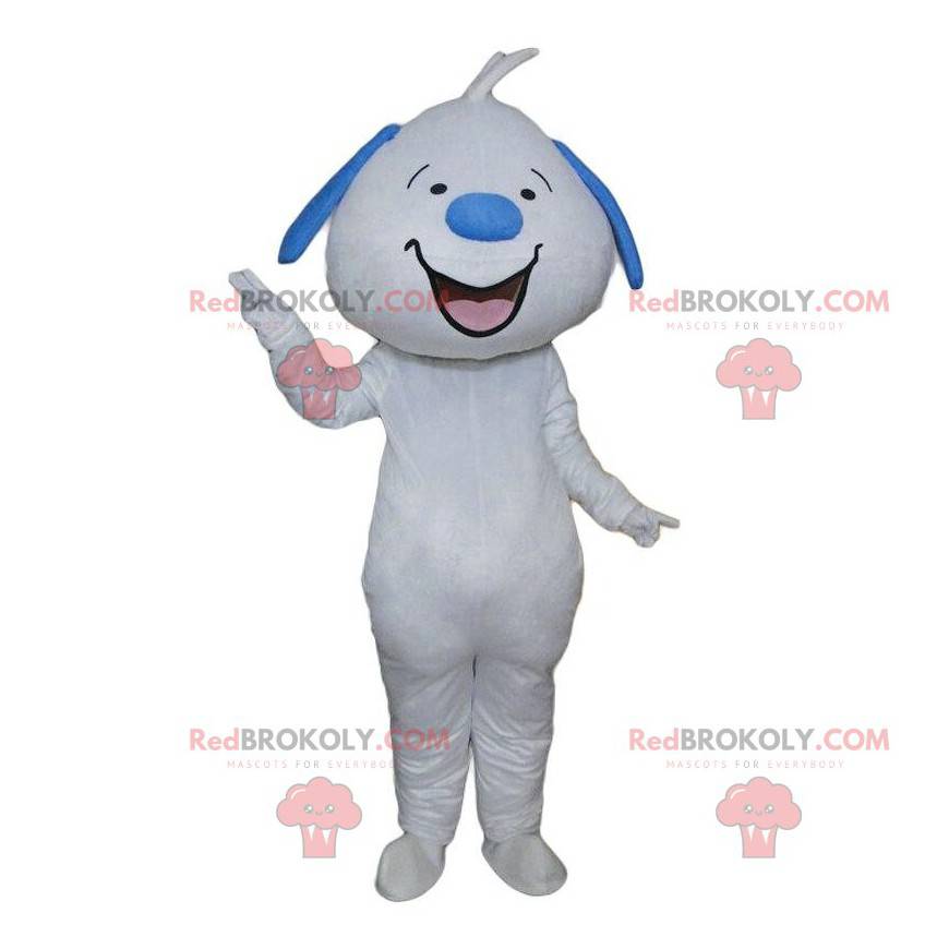 Mascotte cane bianco e blu sorridente, cane gigante farcito -