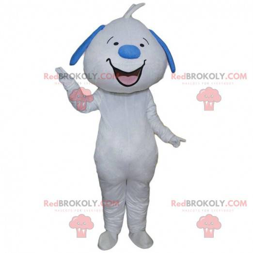 Mascotte cane bianco e blu sorridente, cane gigante farcito -