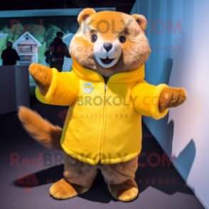 Yellow Beaver mascot costume character dressed with a Coat and Mittens