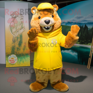 Yellow Beaver mascot costume character dressed with a Coat and Mittens