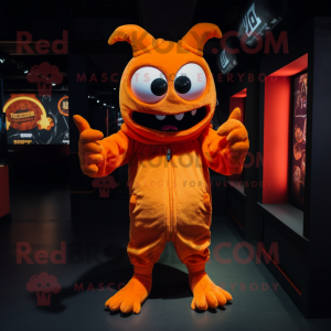 Orange Demon mascot costume character dressed with a Hoodie and Anklets