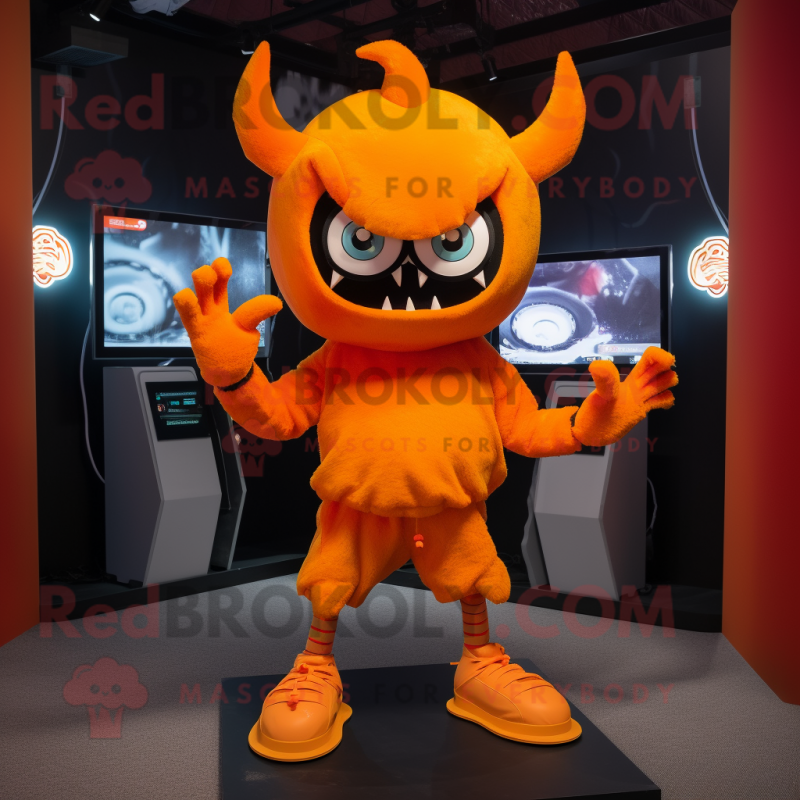 Orange Demon mascot costume character dressed with a Hoodie and Anklets
