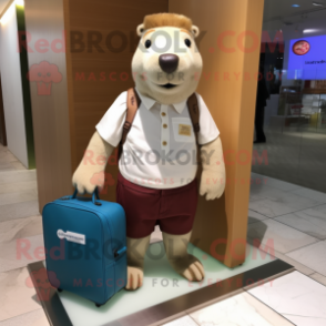 Cream Capybara mascot costume character dressed with a Henley Tee and Briefcases