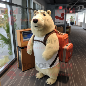 Cream Capybara mascot costume character dressed with a Henley Tee and Briefcases