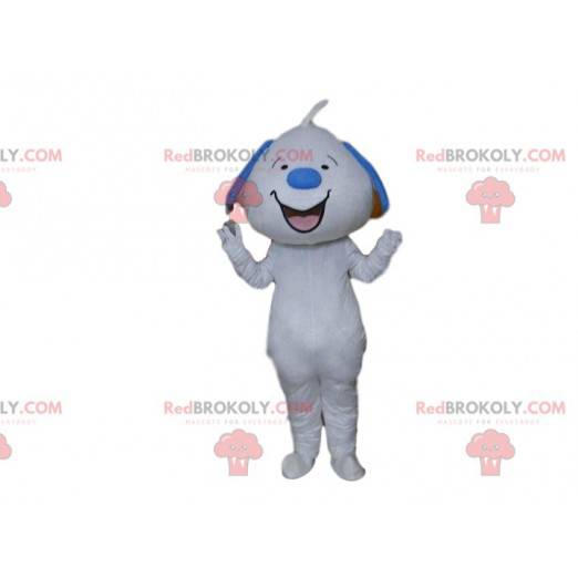 Mascote cachorro azul e branco sorrindo, cachorro gigante