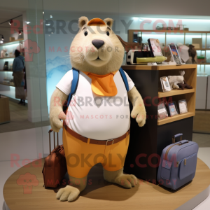 Cream Capybara mascot costume character dressed with a Henley Tee and Briefcases