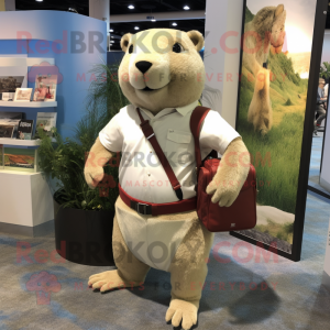 Cream Capybara mascot costume character dressed with a Henley Tee and Briefcases