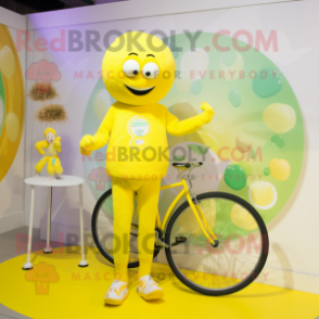 Lemon Yellow Unicyclist mascot costume character dressed with a Playsuit and Keychains