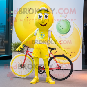 Lemon Yellow Unicyclist mascot costume character dressed with a Playsuit and Keychains