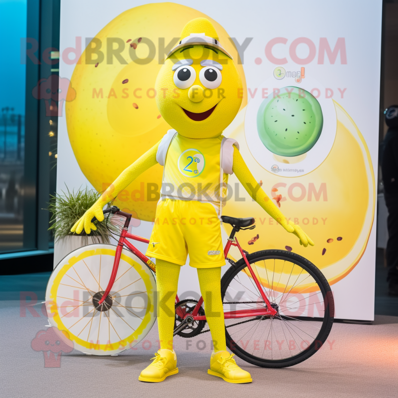 Lemon Yellow Unicyclist mascot costume character dressed with a Playsuit and Keychains Lemon Yellow Unicyclist mascot costume character dressed with a Playsuit and Keychains