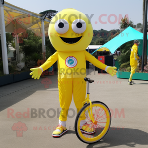Lemon Yellow Unicyclist mascot costume character dressed with a Playsuit and Keychains