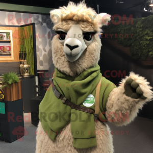 Olive Alpaca mascot costume character dressed with a Moto Jacket and Shawl pins