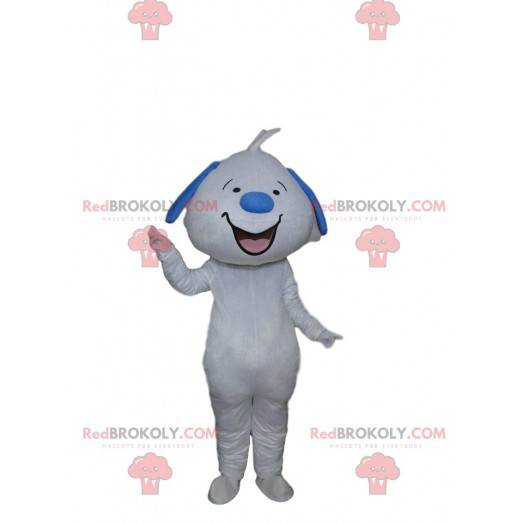 Mascotte cane bianco e blu sorridente, cane gigante farcito -