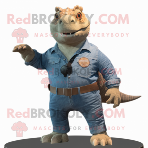 Rust Ankylosaurus mascot costume character dressed with a Denim Shirt and Belts