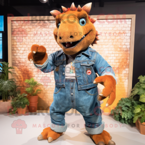 Rust Ankylosaurus mascot costume character dressed with a Denim Shirt and Belts