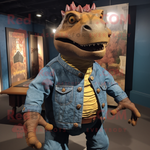 Rust Ankylosaurus mascot costume character dressed with a Denim Shirt and Belts