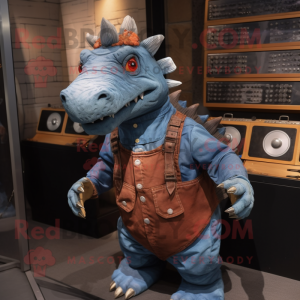 Rust Ankylosaurus mascot costume character dressed with a Denim Shirt and Belts