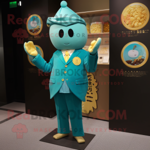 Teal Ramen mascot costume character dressed with a Suit and Coin purses