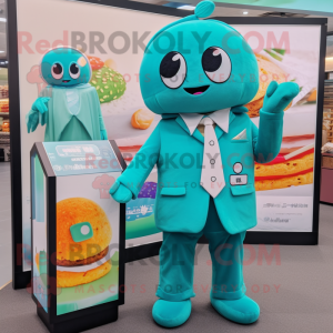 Teal Ramen mascot costume character dressed with a Suit and Coin purses