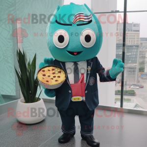 Teal Ramen mascot costume character dressed with a Suit and Coin purses