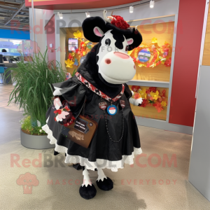 Black Hereford Cow mascot costume character dressed with a A-Line Skirt and Keychains