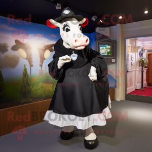 Black Hereford Cow mascot costume character dressed with a A-Line Skirt and Keychains