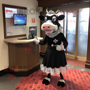 Black Hereford Cow mascot costume character dressed with a A-Line Skirt and Keychains