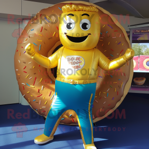 Gold Donut mascot costume character dressed with a Rash Guard and Suspenders