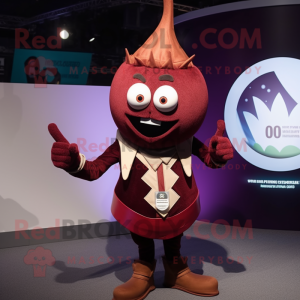 Maroon Onion mascot costume character dressed with a Jacket and Rings
