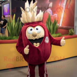 Maroon Onion mascot costume character dressed with a Jacket and Rings