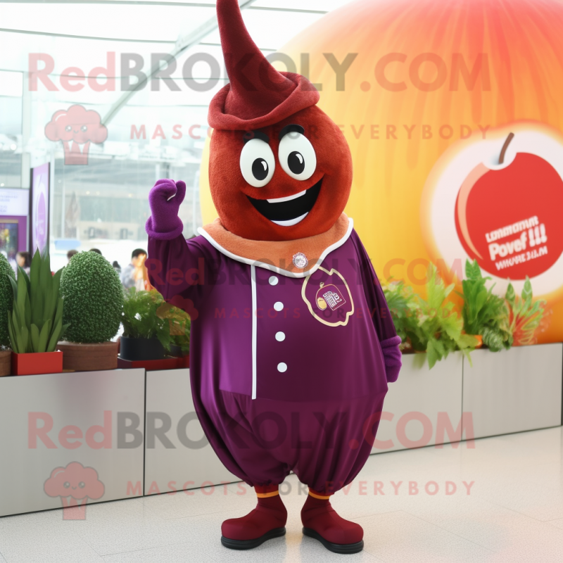 Maroon Onion mascot costume character dressed with a Jacket and Rings Maroon Onion mascot costume character dressed with a Jacket and Rings
