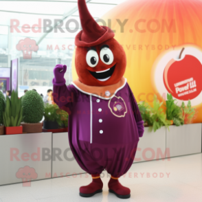 Maroon Onion mascot costume character dressed with a Jacket and Rings