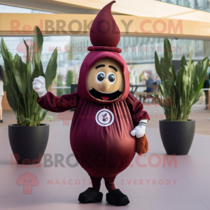 Maroon Onion mascot costume character dressed with a Jacket and Rings