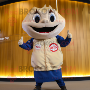 Cream Tuna mascot costume character dressed with a Bomber Jacket and Rings