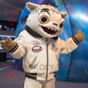 Cream Tuna mascot costume character dressed with a Bomber Jacket and Rings