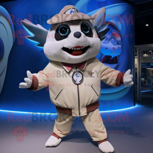Cream Tuna mascot costume character dressed with a Bomber Jacket and Rings