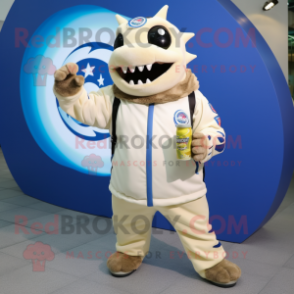 Cream Tuna mascot costume character dressed with a Bomber Jacket and Rings