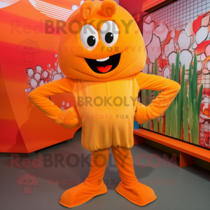 Orange Shrimp Scampi mascot costume character dressed with a Playsuit and Shoe laces