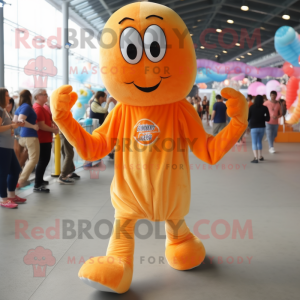 Orange Shrimp Scampi mascot costume character dressed with a Playsuit and Shoe laces