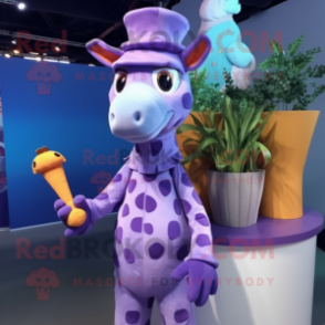 Lavender Giraffe mascot costume character dressed with a Playsuit and Beanies